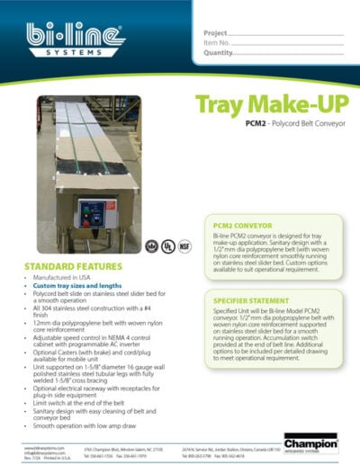 Bi-Line Tray Make Up Polycord Belt Conveyor